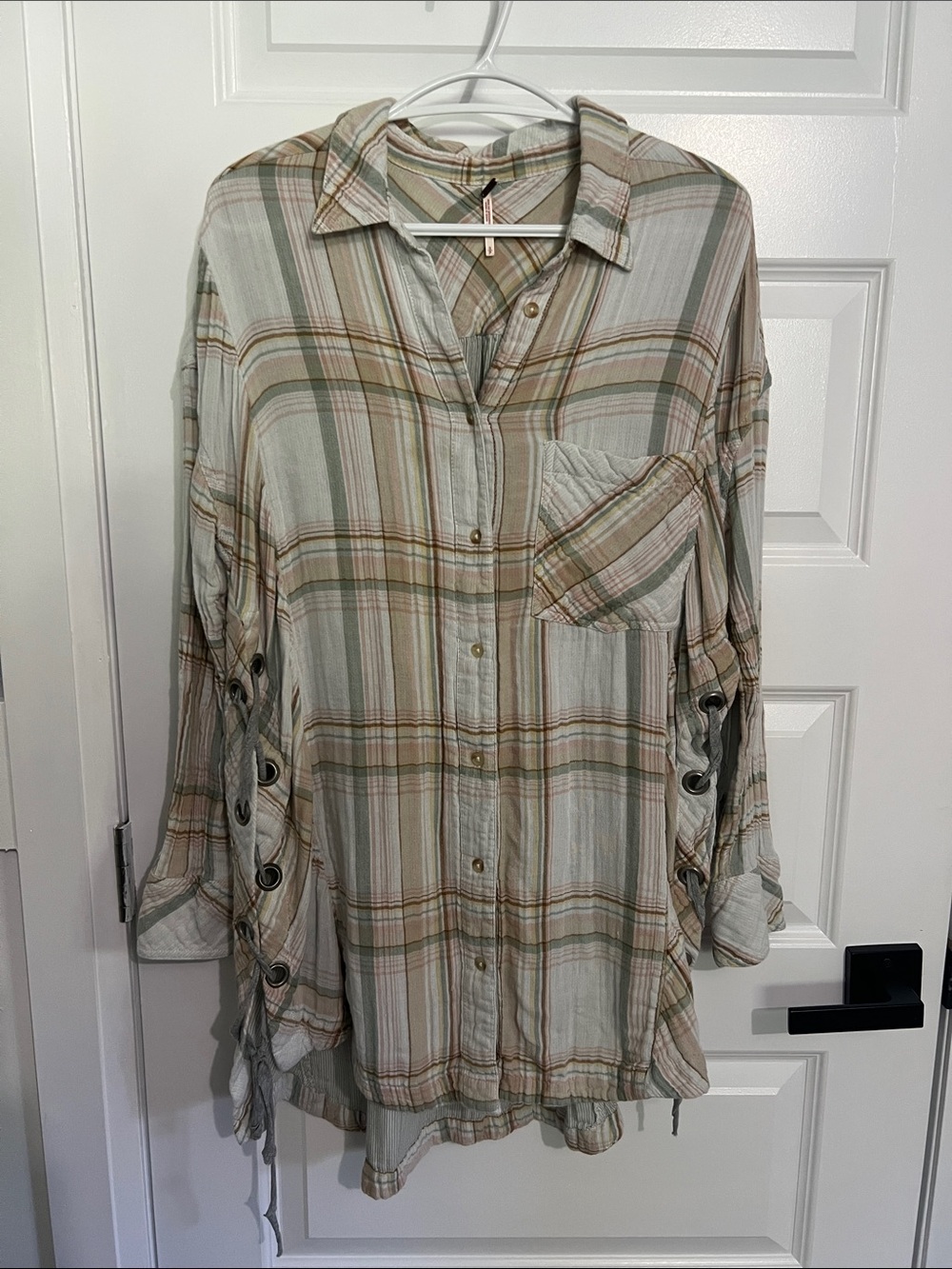 Free People Plaid Button-Down Tunic in Sage and Tan